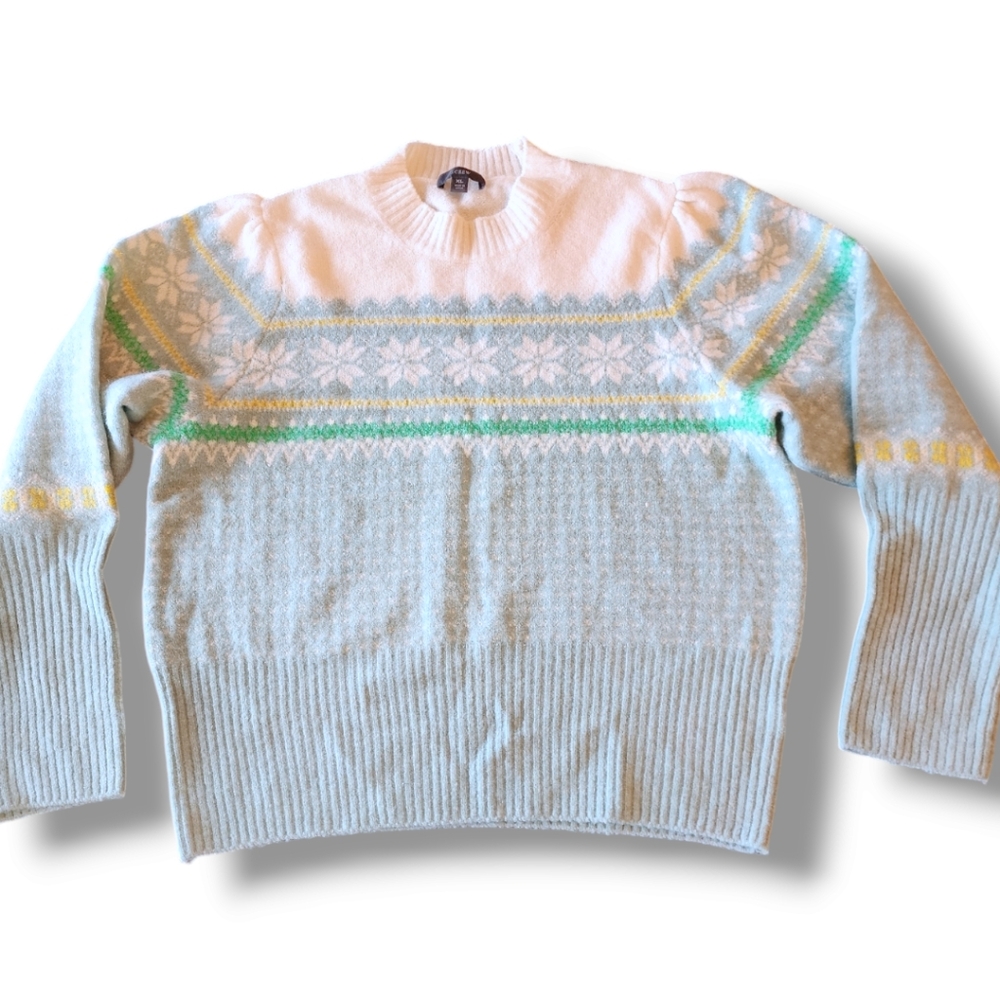 J. Crew light blue green snowflake fair aisle mock neck wool sweater XL NWOT